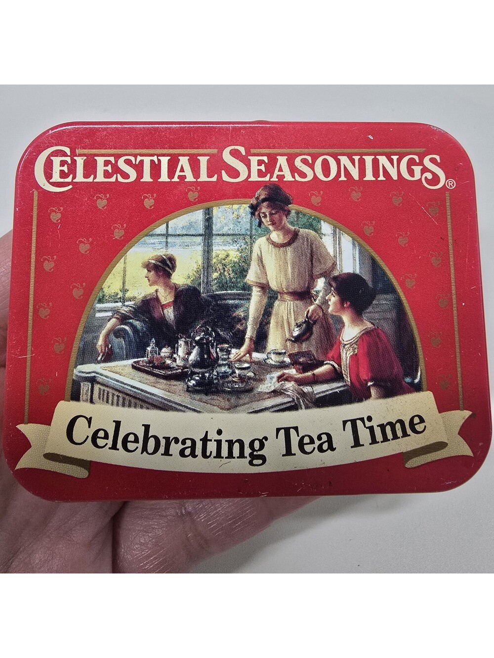 Vintage Celestial Seasonings tin Celebrating Tea Time mini metal box red party